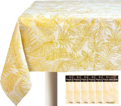 Vista 6 de Mantel desechable de 4 piezas con hojas doradas, manteles rectangulares de plástico elegantes de alta calidad para cumpleaños, jubilación, ducha