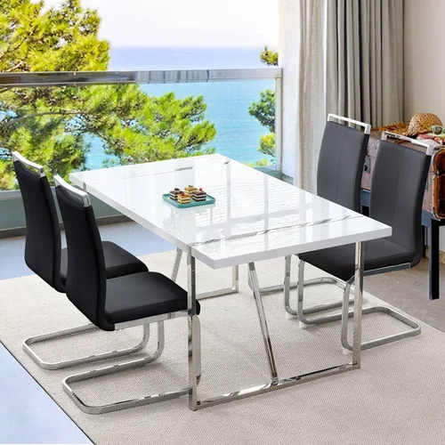 Vista 18 de Mesa de comedor Ebullient para 4, mesa de comedor rectangular negra de MDF, tapa de mesa de cena de mármol falso, mesa de comedor moderna con marco