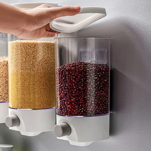 Vista 4 de Kichvoe Tarro de almacenamiento montado en la pared 1.5L dispensador de grano transparente a prueba de humedad organizador de alimentos ahorro