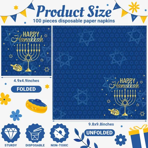 Vista 2 de Honoson 100 servilletas de Janucá desechables de papel, para cócteles, bebidas, invitados, cena, suministros para fiestas de cumpleaños, decoración