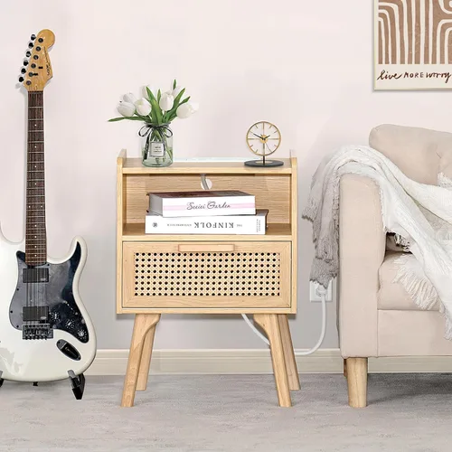 Vista 6 de Lerliuo Rattan Nightstand with Charging Station, Boho Night Stand Natural