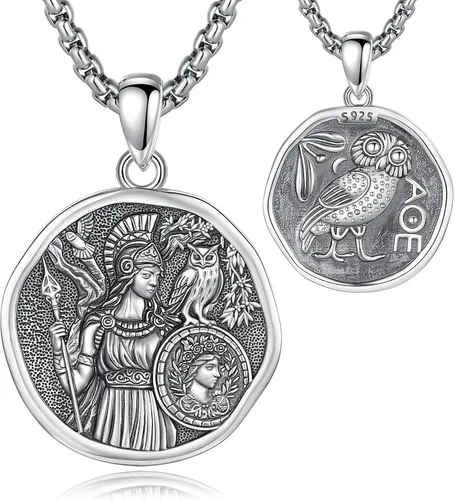 Vista 100 de EUDORA Collar de plata de ley 925 con moneda Hécate, Athena, Perséfono, Nyx, diosa de la luna triple, diosa celta, rueda de Hécate, llave, regalo
