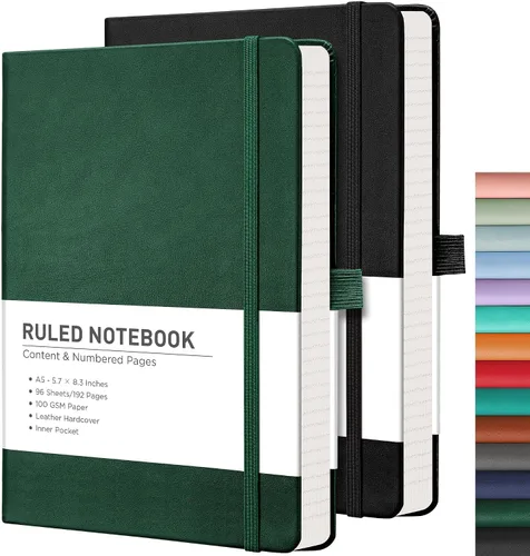 Vista 69 de RETTACY Lined Journal Notebook, 192 Numbered Pages per Pack, 5.7'' x 8.3'' 2-Pack, Leather Hardcover, 100 GSM Thick Paper, for Men & Women, Negro