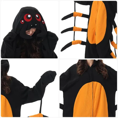 Vista 6 de Supodon Disfraz de araña para adultos, disfraz de Halloween, cosplay, pijama de animal de felpa para el hogar, unisex, para mujeres y hombres
