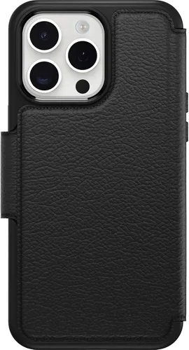 Vista 2 de OtterBox Funda Strada Folio Series para iPhone 15 Pro MAX (solamente), color negro (negro), tarjetero, broches a MagSafe, piel auténtica, apta