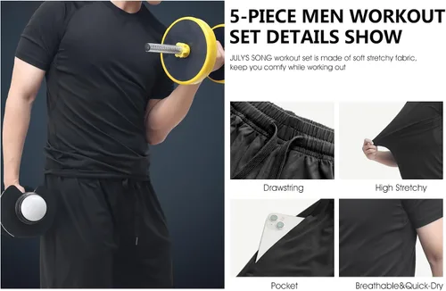 Vista 8 de JULY'S SONG Conjunto de entrenamiento de compresión para hombre, 5 piezas, secado rápido, pantalones cortos, mallas, chaqueta para gimnasio