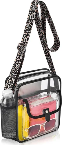 Vista 26 de Bolso bandolera transparente SPODEARS para eventos en estadios y conciertos - Cartera con correa de hombro ajustable con 1 soporte para botella