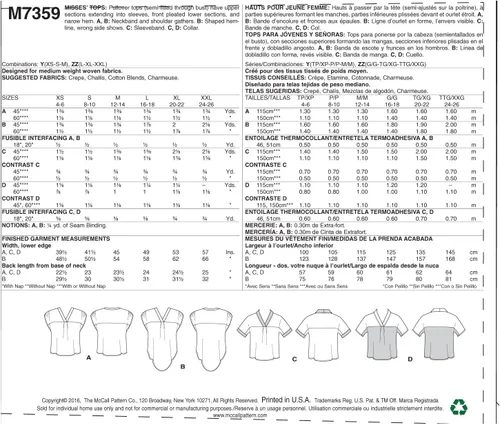 Vista 2 de McCall's Patrones M7359 Camiseta de manga Dolman con cuello en V para señoritas, Y (XS-S-M)