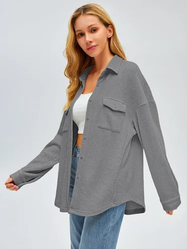 Vista 2 de Womens Waffle Knit Shackets Oversized Button Down Shirts Jackets Blouse Loose Fit Long Sleeve Fall Tops 2023