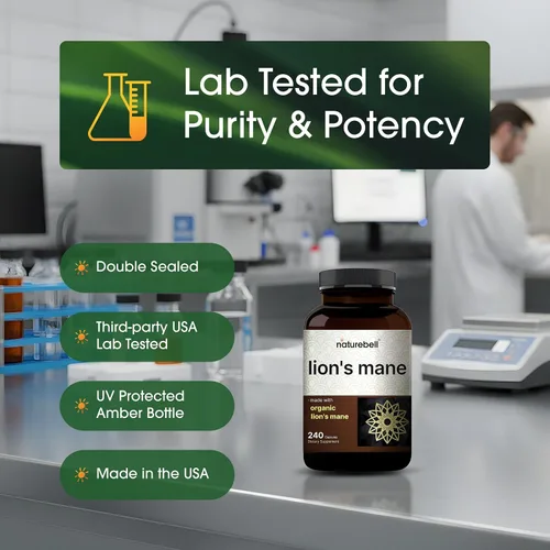 Vista 5 de NatureBell Melena de león - 240 cápsulas - Cuerpo fructífero orgánico y micelio - Soporte cerebral, inmunológico y energético* - Extracto de alta