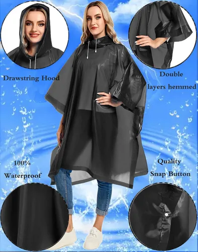 Vista 25 de Paquete de 2 ponchos de lluvia para adultos, reutilizables, impermeables, de supervivencia, emergencia, resistente, con capucha con cordón