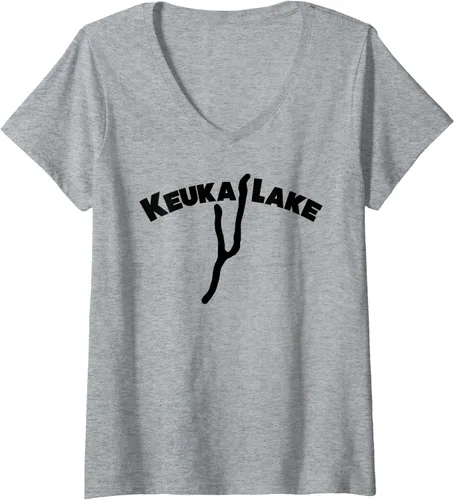 Vista 4 de Keuka Lake Upstate NY- Camiseta con cuello en V para mujer, Azul / Patchwork, S