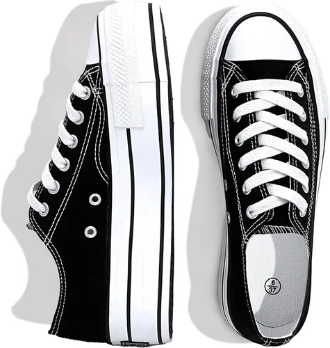 Vista 4 de REFRASE LIFE Tenis de plataforma para mujer, zapatos de plataforma blanca, zapatos de tenis de caña baja, zapatos de lona con cordones, zapatos