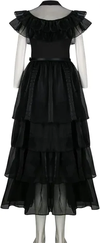 Vista 4 de Wednesday Addams - Vestido de baile de cuervo negro para mujeres y niñas, vestido gótico de tul de encaje, vestido de fiesta de Halloween
