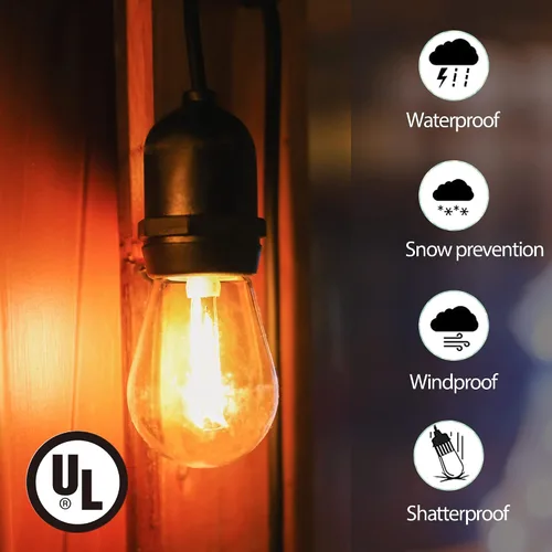 Vista 4 de LOKATSE HOME Tira de luces S14 de 54 pies para exteriores, 15 bombillas Edison (+ 1 repuesto), impermeable, inastillable, base E26, conectable