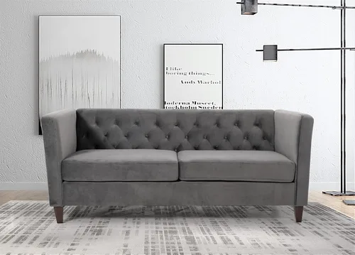 Vista 4 de Container Furniture Direct Sofá clásico de oficina tapizado de terciopelo de tres plazas con capitoné, cómodo sofá de oficina para espacios grandes
