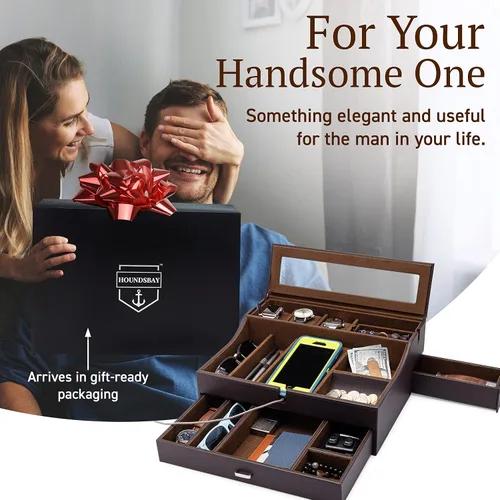 Vista 2 de Organizador de caja de valet para hombre, bandeja de valet grande de cuero para hombres, organizador de bandeja de valet para hombre con estación