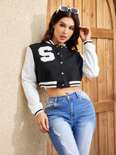 Vista 6 de WDIRARA Chaqueta bomber de manga larga con estampado de letras para mujer, casual, para la escuela universitaria