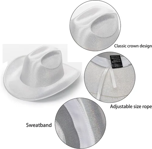 Vista 3 de Mealah Sombrero de vaquero holográfico brillante del oeste para mujer, sombrero de vaquera disco para boda, fiesta de disfraces musicales