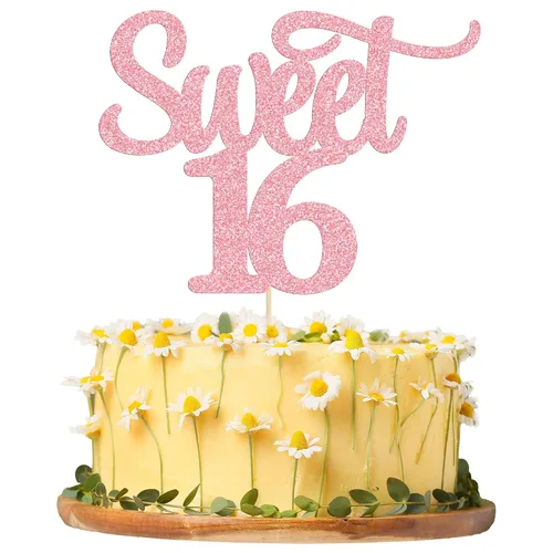 Vista 17 de Gyufise 1 decoración para tartas de 16 años con purpurina negra para cumpleaños de 16 años, decoración para felicitaciones a 16 años de edad