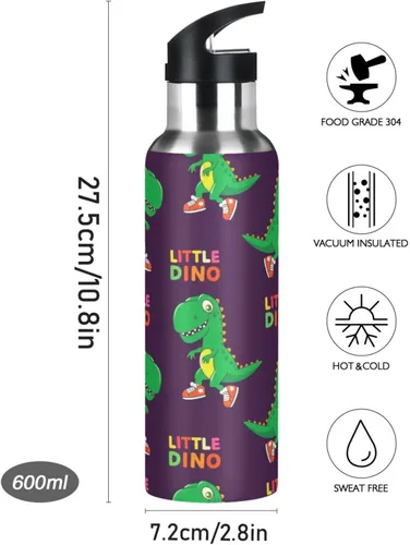 Vista 9 de Lindos tenis de dinosaurio de dibujos animados verdes de acero inoxidable con aislamiento al vacío, botella de agua de 32 onzas, botella de agua