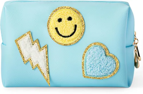 Vista 16 de LieToi - Bolsa de aseo pequeña con parche preparado, sonrisa, relámpago, corazón, arcoíris, de piel sintética, bolsa de maquillaje impermeable Azul