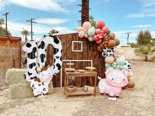 Vista 4 de Globo de 40 pulgadas con estampado de vaca con número 0 globos blancos con estampado de vaca, temática de vaquera, para niños, 10º cumpleaños