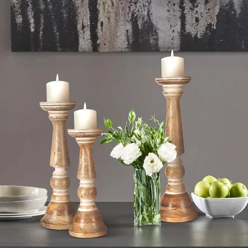Vista 17 de Juego de 3 candelabros de pilar de madera de granja - Portavelas altos rústicos hechos a mano para decoración del hogar, centros de mesa, bodas