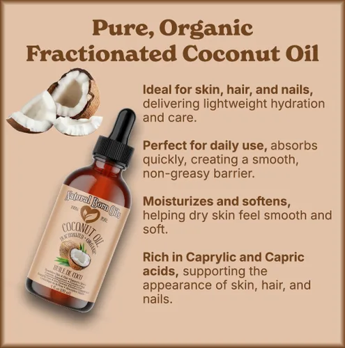 Vista 2 de Aceite de coco fraccionado, 8oz, orgánico, prensado en frío, no grasoso, humectante de la piel, potenciador del brillo del cabello, Natural Born