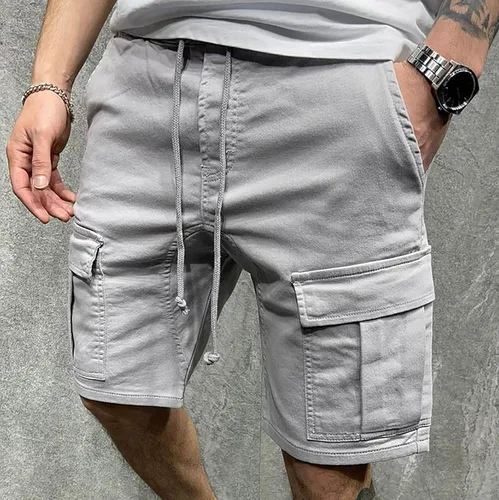 Vista 4 de amidoa Pantalones cortos de carga para hombre para grandes y altos, pantalones cortos de verano con cordón y bolsillos grandes