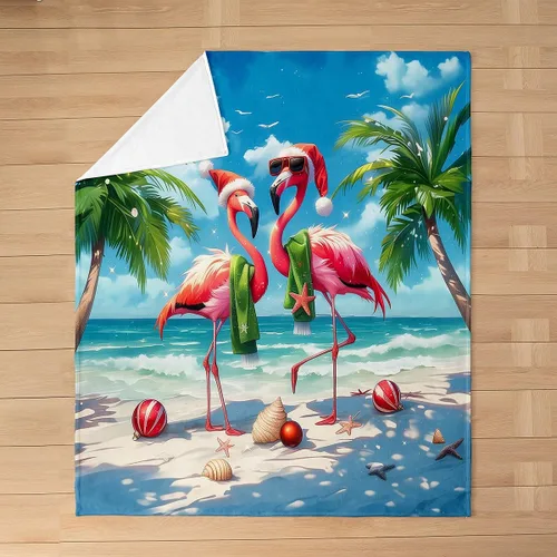 Vista 2 de Flamingo Couple Flannel Blankets,Christmas Themed Fleece Blanket,Kids Girls Boys Adult Tropical Sea Beach Fuzzy Blankets Coconut Tree Sherpa Blanket