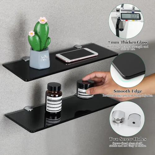 Vista 4 de SAYAYO Estantes flotantes de vidrio templado para baño, estante de vidrio templado cromado de 15 x 5 pulgadas para pared, 1 paquete, color negro