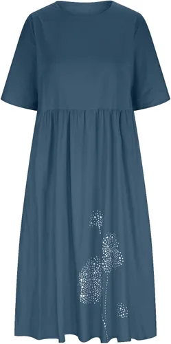 Vista 6 de Ceboyel Vestido largo de algodón y lino para mujer, estampado de diente de león, vestidos de manga corta, estilo bohemio, casual, vestido de verano