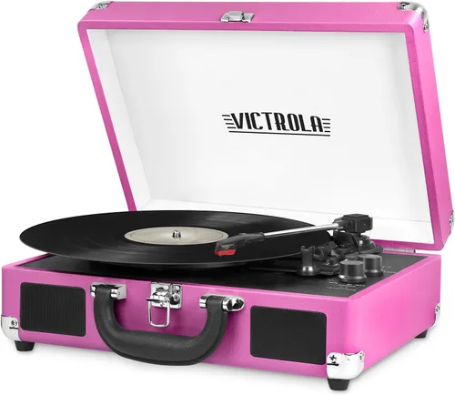 Vista 17 de VictrolaJugador de registro portátil de la maleta de Bluetooth de 3 velocidades de la vendimia con altavoces incorporados Built-in stereo