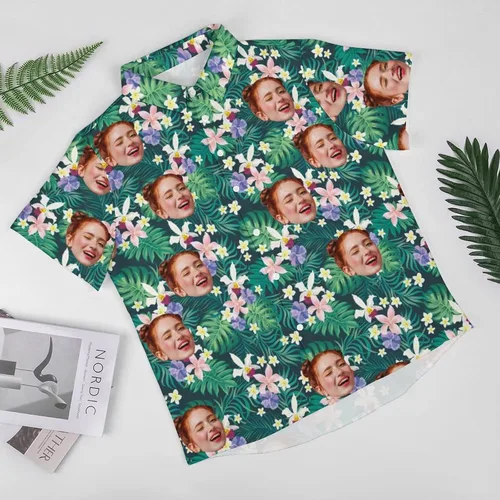 Vista 4 de Camisa hawaiana personalizada con caras, camisa hawaiana de manga corta para hombre, diseño floral tropical para novio, marido, hijo