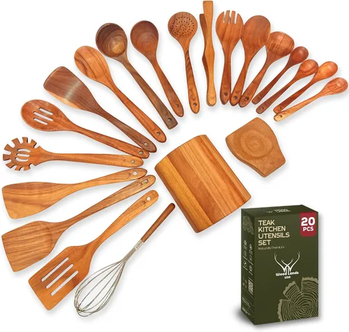 Vista 11 de Cuchara de madera de teca de mango largo de 12 pulgadas para cocinar con soporte de cuchara grande de teca, cucharas de madera de primera calidad