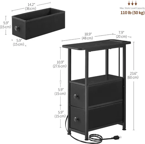Vista 3 de DALEMHOME Mesa auxiliar estrecha con estación de carga, mesa auxiliar estrecha con cajón, mesita de noche pequeña con luz LED, mesita de noche Negro