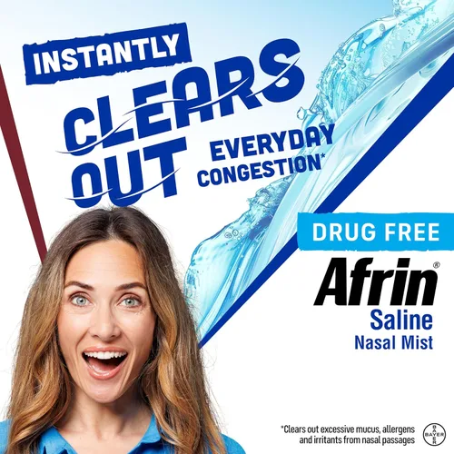 Vista 2 de Afrin Aerosol nasal salino, 100% libre de medicamentos, solución salina, aerosol nasal para el cuidado diario de la congestión y nariz seca, fácil