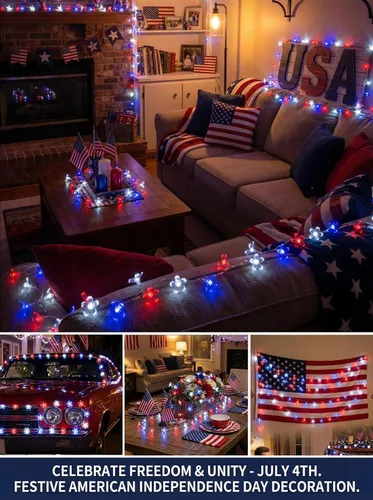 Vista 6 de Guirnalda de luces para interiores del 4 de julio, funciona con pilas, 30 luces LED de color rojo, azul, blanco, flor de cerezo, guirnalda de luces