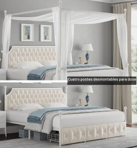 Vista 5 de Keyluv - Marco de cama con dosel tapizado tamaño King con 3 cajones y cabecera tapizada con botones, cama de plataforma metálica con 4 postes Beige