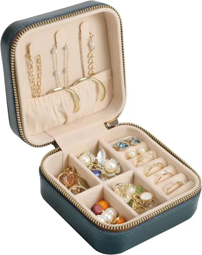 Vista 2 de Ringsun Joyero de cuero genuino pequeño joyero de viaje para mujer, organizador de viaje portátil para anillos, aretes, collar, pulsera