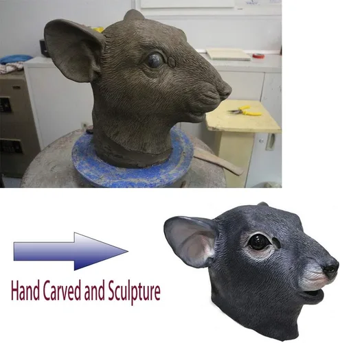 Vista 6 de Máscara de látex realista de cabeza de ratón de látex, disfraz de Halloween, rattus, rattus, rata, fiesta, adulto, ratón gigante, negro, Negro