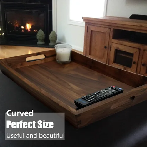 Vista 6 de Bandeja otomana rectangular curvada de madera de nogal negro de 22 x 14 pulgadas con asas, sirve té, café, bandeja decorativa de madera clásica