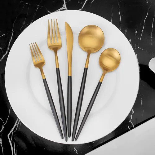 Vista 5 de Vanys - Juego de cubiertos dorados mate con mango negro, juego de cubiertos de acero inoxidable de 20 piezas, juego de utensilios de cocina para 4