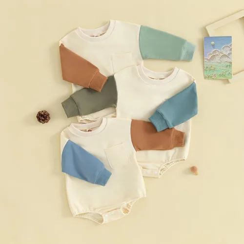 Vista 48 de Mameluco de manga larga con bloques de color para bebé, niño, niña, con bolsillo, cuello redondo, sudadera básica para otoño e invierno