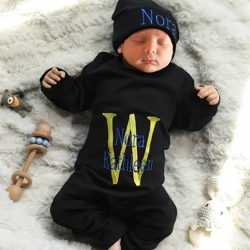 Vista 2 de Personalized Sleeper Baby Coming Home Outfit, Personalized Neutral Naby Romper and Hat Set Custom Infant Boy Coming Home Outfit Baby Shower Gift