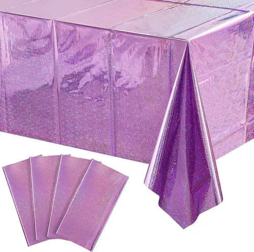 Vista 20 de Paquete de 4 manteles de plástico iridiscente brillantes desechables láser rectangulares, cubiertas de mesa, mantel de papel holográfico