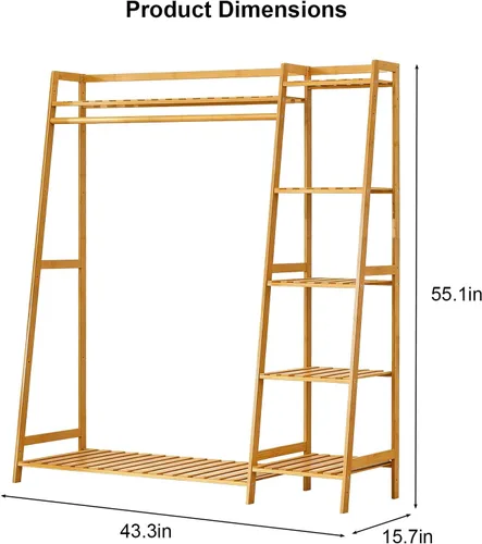 Vista 2 de Bamboo Clothing Garment Rack, Free Standing Clothes Coat Hanger, Closet Organizer w/Shoe Rack, Multi-tiered Wardrobe Storage Shelves, Clothes