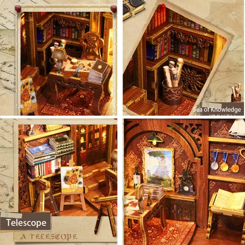 Vista 2 de Soporte de madera 3D para libros, rompecabezas DIY casa de muñecas sujetalibros de madera, kit de construcción con luz LED para adultos