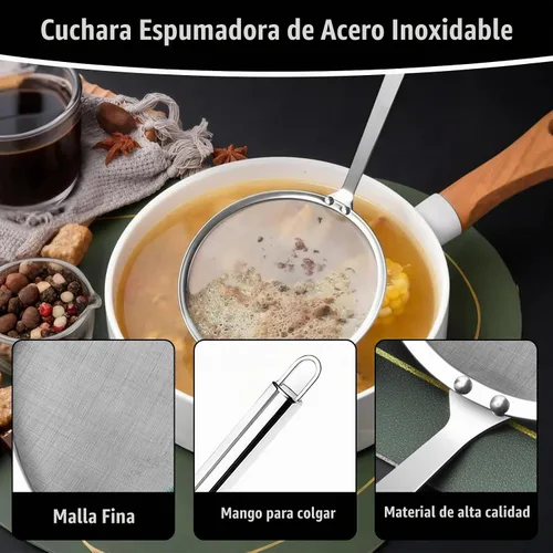 Vista 3 de Cuchara de acero inoxidable para espumadera de grasa de 4 pulgadas, colador de grasa multifuncional de malla fina con mango resistente al calor